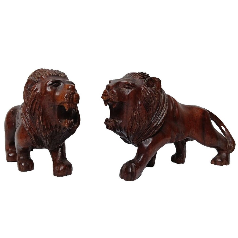 Hand Carved Wood African Lion Pair Safari Animal Figurines Decoration